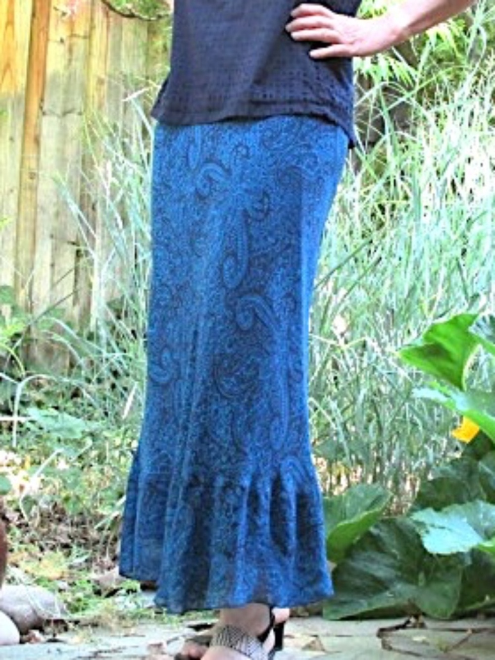 Sundance Sheer Blue Paisley Silk Pull-On Midi Skirt, Size 14